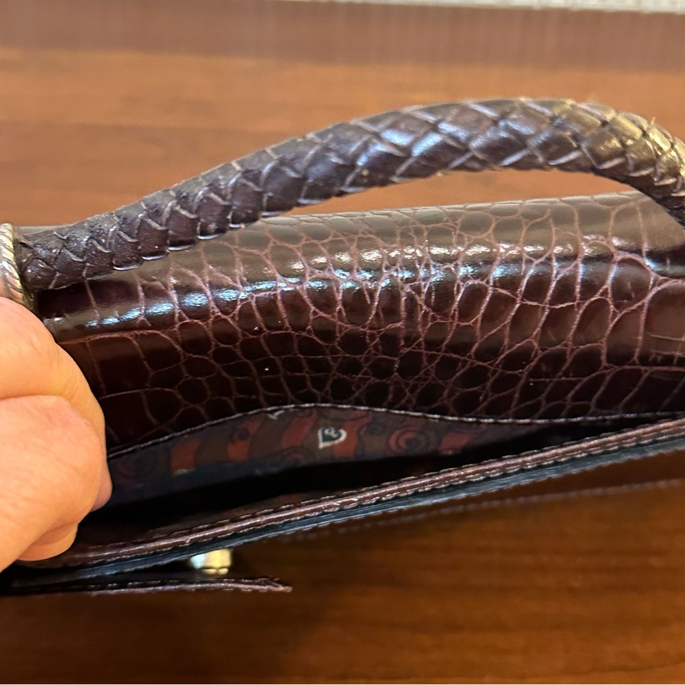 🌟7xHP🌟VTG 90s Brighton Croco Embossed Brown & Black Leather Organizer Wallet Bag - Picture 13 of 15